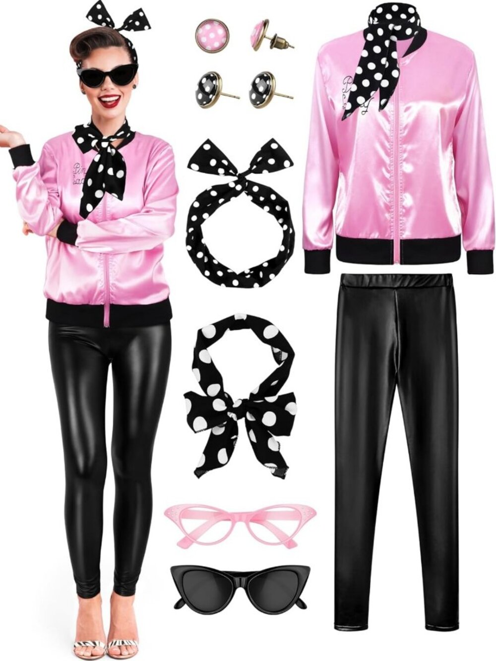 1950s Pink Satin Jacket & Polka Dot Scarf, Headband, Earrings, Cat Eye Glasses